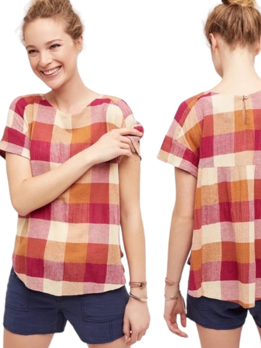 Isabella Sinclair Posey Plaid Top EUC M Ramie Cotton Trapeze Short Sleeve Button